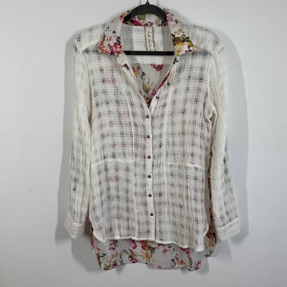 Aratta Silent Journey Button Down Sheer Plaid & Floral Blouse White Pink - Picture 2 of 13